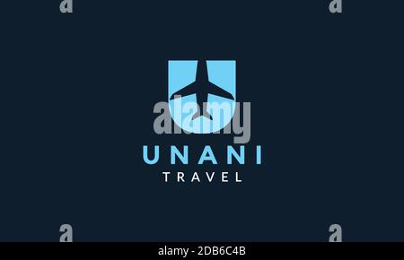 letter U with airplane fly travel transportation logo icon vector illustration design Stock Vector