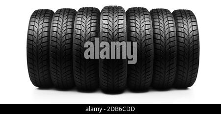 Front view of new vehicile tires isolated on white background Stock Photo