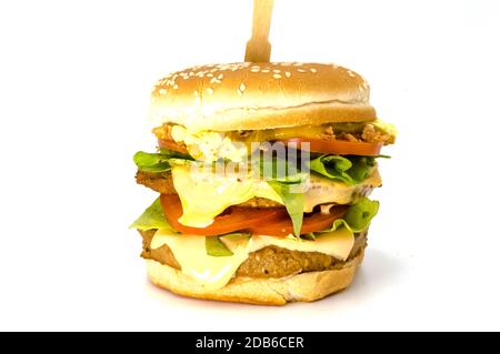 Double meat and cheese burger on white background Stock Photo