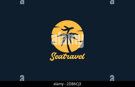 coconut tree or palm tree with airplane and sunset logo icon vector illustration design Stock Vector