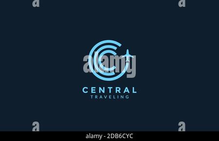 letter C or circle lines with airplane fly travel transportation logo icon vector illustration design Stock Vector