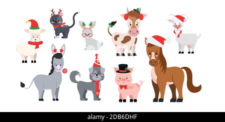 Christmas farm livestock animals set isolated on white background. Stock Vector