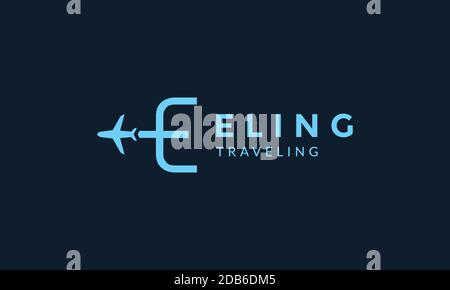 letter E line outlines with airplane fly travel transportation logo icon vector illustration design Stock Vector