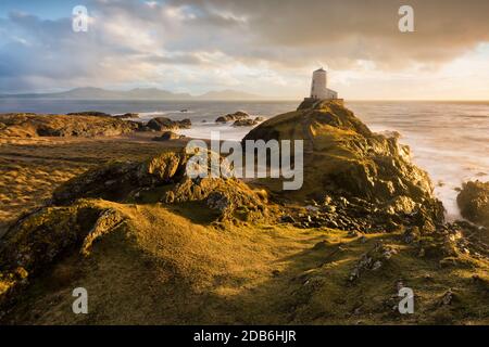Llanddwyn Island Lighthouse with beautiful evening golden light after a rain storm. Stock Photo