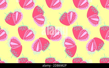 Seamless pattern of Strawberrys virtual background for Zoom. Whole and sliced pink Strawberry berry on yellow background for patterns. Abstract bright Stock Photo