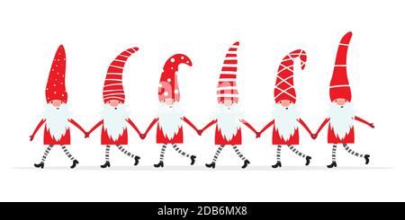Set of cute christmas gnomes in funny hats and holding hands. Vector illustration of northern elfs, cartoon scandinavian dwarfs. Xmas elements for Stock Vector