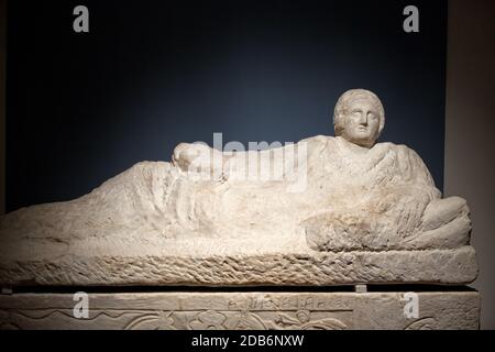 Ancient etruscan art. Sarcophagus of Chiusi, Tuscany. Stock Photo