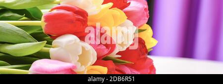 A bouquet of fresh, bright, multi-colored tulips Stock Photo