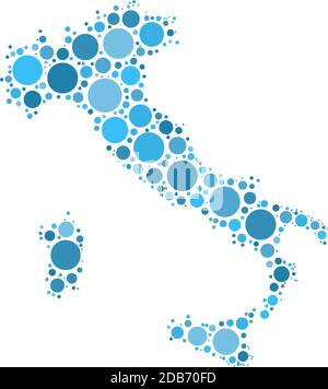 Italy map mosaic of circles in various sizes. Blue dotted vector map on white background. Stock Vector