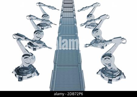 row of robotic arms with conveyor belt isolated on white. 3d rendering Stock Photo