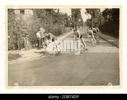 Original Vintage Cycling Mid Century photograph, amateur snap, crimped scalloped border, cycling race, Lichter Felde written on reverse, dated 1961, probably German, Europe. Stock Photo