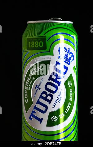 Tuborg Danish beer in a tin aluminum can. Detail photo of beer can in Bucharest, Romania, 2020 Stock Photo