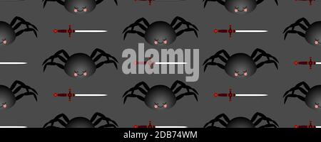 Black spider pattern. Mch on a dark background. Seamless pattern for textile and fabric design. Stock Photo