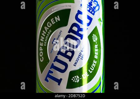 Tuborg Danish beer in a tin aluminum can. Detail photo of beer can in Bucharest, Romania, 2020 Stock Photo