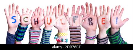 Children Hands Building Colorful German Word Schulfrei Means School Holidays. Isolated White Background Stock Photo