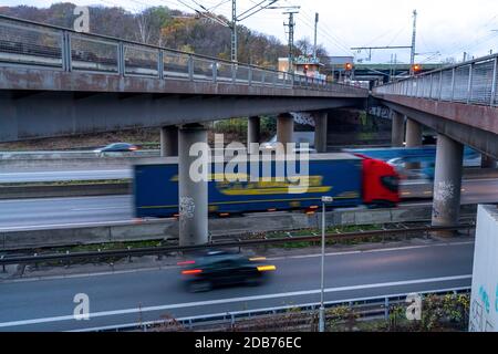 The motorway junction Kaiserberg, motorway A40, Ruhrschnellweg, crosses the A3, bridge landscape, motorway bridges and railway bridges, called Spagett Stock Photo