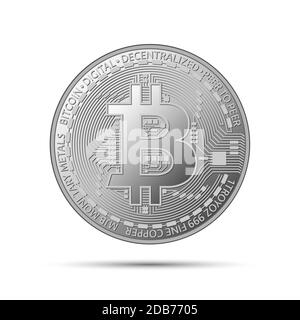 Silver bitcoin coin, crypto currency silver symbol isolated on grey background, realistic vector illustration for your infographic, page, leaflet, blo Stock Vector