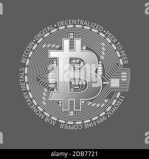 Silver bitcoin coin, vector crypto currency silver symbol isolated on grey background, blockchain technology Stock Vector