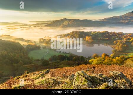 Beautiful Autumnal fog lingering over Windermere valley with Loughrigg Tarn in foreground. Stock Photo