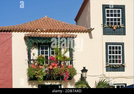 Multicolored flowered balcony of Santa Cruz de La Palma Stock Photo