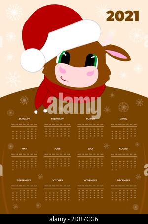 Calendar 2021. Monthly calendar 2021 from Sunday to Saturday. Yearly Planner. Templates with cute hand drawn bull. Vector illustration with adorable Stock Vector