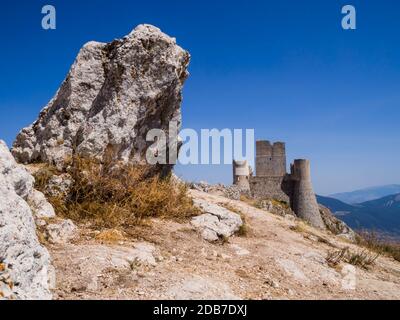 Stunning view of Rocca Calascio ruins, ancient medieval fortress in Gran Sasso National Park, Abruzzo region, Italy