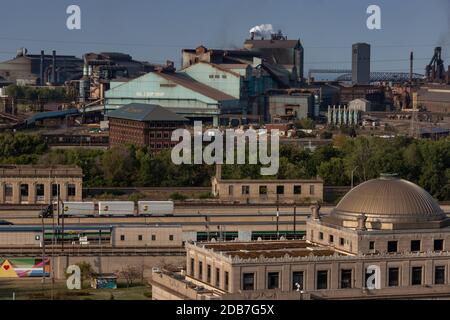 US Steel Gary Works steel mill in Gary Indiana, with city hall I the foreground Stock Photo