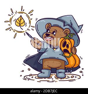 Magician bear in witch hat, raincoat and boots, hugs Halloween shocked pumpkin. The wizard casts spell with magic wand. Funny kid's vector illustratio Stock Vector