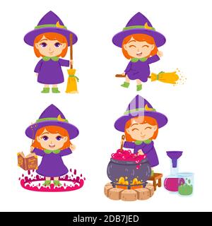 Cute little redhead witch with broom, hat, book of spells, magic wand and pot. The sorceress is brewing potions. Set of elements for Halloween. Vector Stock Vector