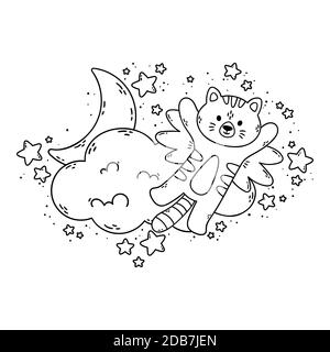 Cat with wings flies past the cloud, the moon, and stars. Vector illustration for coloring book isolated on white background. Good night nursery pictu Stock Vector