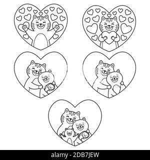 Cats family mother, father, child and newborn baby hug in heart. Tomcat hugs a heart. Set of lovely elements. Vector illustration isolated on white ba Stock Vector