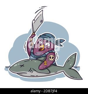 Crazy pirate penguin cuts a shark with a cleaver. Cook on the ship cooking fish. Funny bird vector illustration isolated on white background in doodle Stock Vector