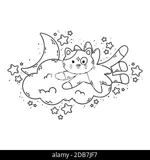 Cat with wings flies past the cloud, the moon, and stars. Vector illustration for coloring book isolated on white background. Good night nursery pictu Stock Vector