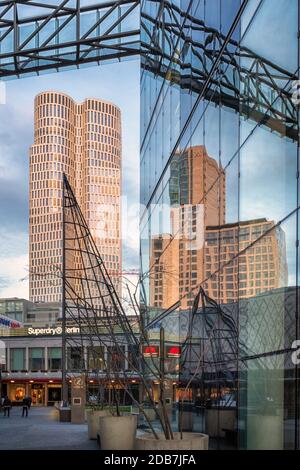 View from Kranzler Eck Berlin  Shopping centre towards Hotel Motel One Berlin-Upperwest and Waldorf Astoria , Berlin, Germany Stock Photo