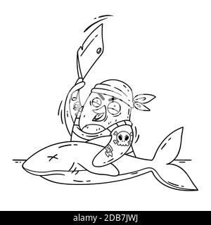 Crazy pirate penguin cuts a shark with a cleaver. Cook on the ship cooking fish. Funny bird vector illustration isolated on white background in doodle Stock Vector