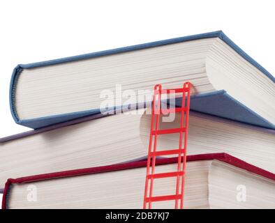 A stack of books with a ladder isolated on white background Stock Photo