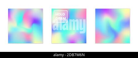 Collection of abstract iridescent square backgrounds. Vector hologram textures in trendy neon color design. Blurry holographic foil backdrop for web Stock Vector
