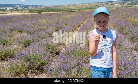 Glasses chamelleons cheerful in a lavender field looks cheerful with a beautiful appearance stands Stock Photo