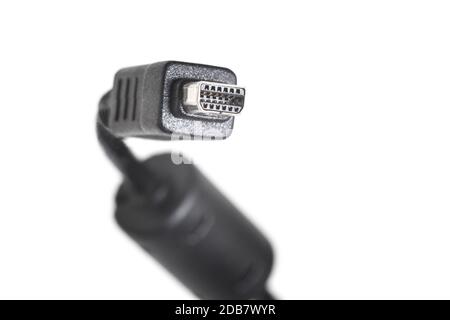 Detail of the head of a black mini usb cable with ferrite bead Stock Photo