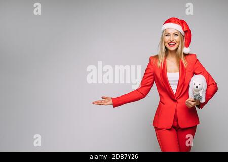 Copy-space photo of merry woman in Christmas outfit Stock Photo