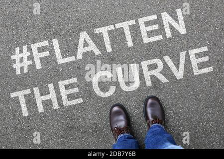 Flatten The Curve hashtag stay at home corona virus coronavirus man business concept illness Stock Photo