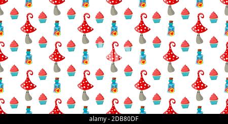 seamless childish pattern. Amanita mushrooms. Cupcakes and cakes. Alice in Wonderland. Stock Photo