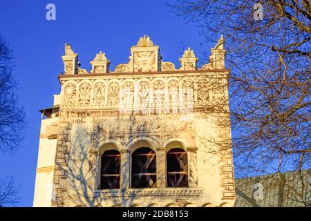 Kezmarok, Slovakia - January 01, 2020: Renaissance bell tower in Basilica of the Holy Cross area, Kezmarok, Slovak republic. Religious architecture. T Stock Photo