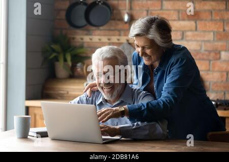 Overjoyed mature couple using laptop together, reading good news Stock Photo