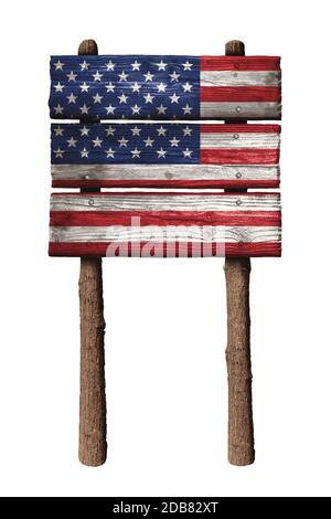 American Flag On Wooden Boards Sign Isolated On White Background Stock Photo