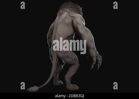 Fantasy character Humanoid Lion in epic pose - 3D render on black background Stock Photo