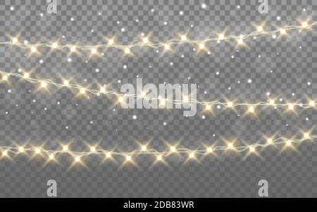 Christmas lights. Gold garlands on transparent backdrop. Realistic luminous decoration. Glowing light bulbs for greeting card or website. Vector Stock Vector