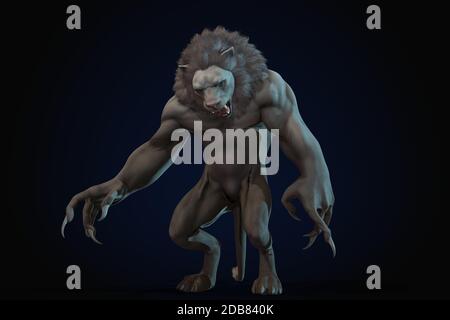 Fantasy character Humanoid Lion in epic pose - 3D render on black background Stock Photo