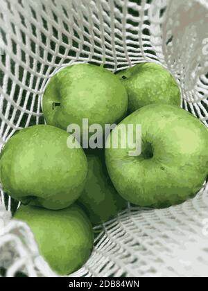 Green apples in a white string bag - Vector illustration Stock Vector