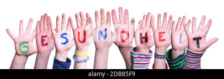 Kids Hands Holding Colorful German Word Gesundheit Means Health. White Isolated Background Stock Photo